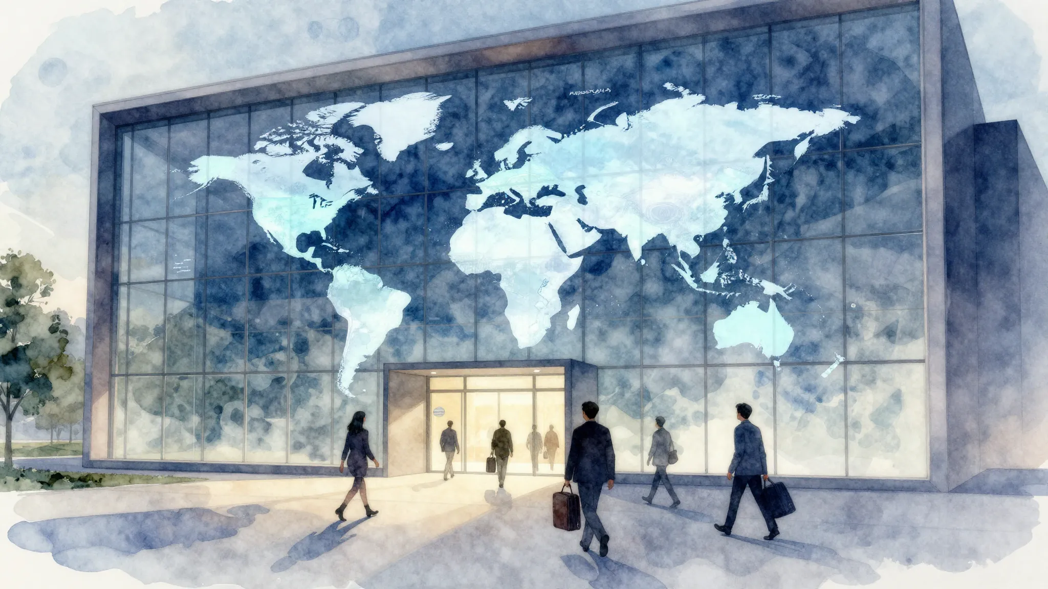 Watercolor style. A modern glass building with a digital map...