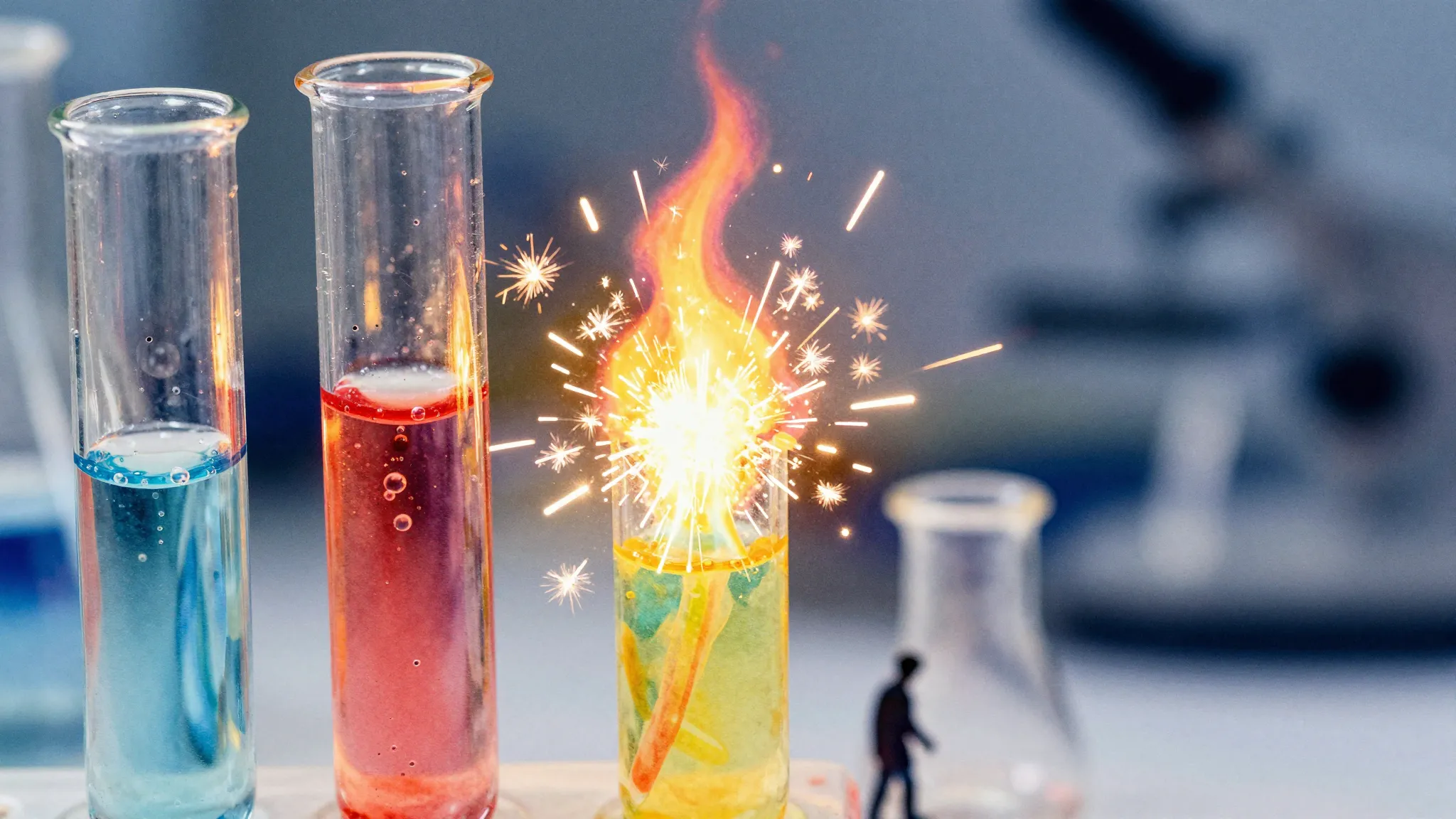 Watercolor style. Close-up of glass test tubes with bubbling...