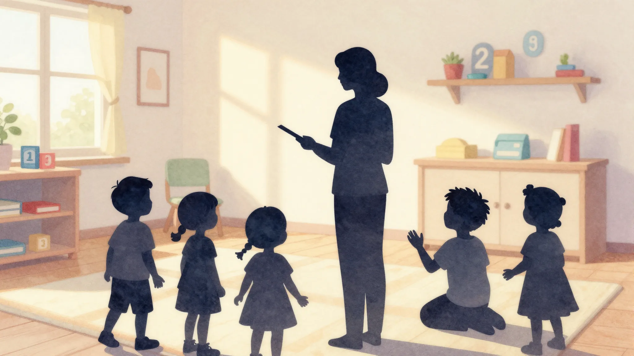 Watercolor style. Silhouette of a teacher with silhouettes o...