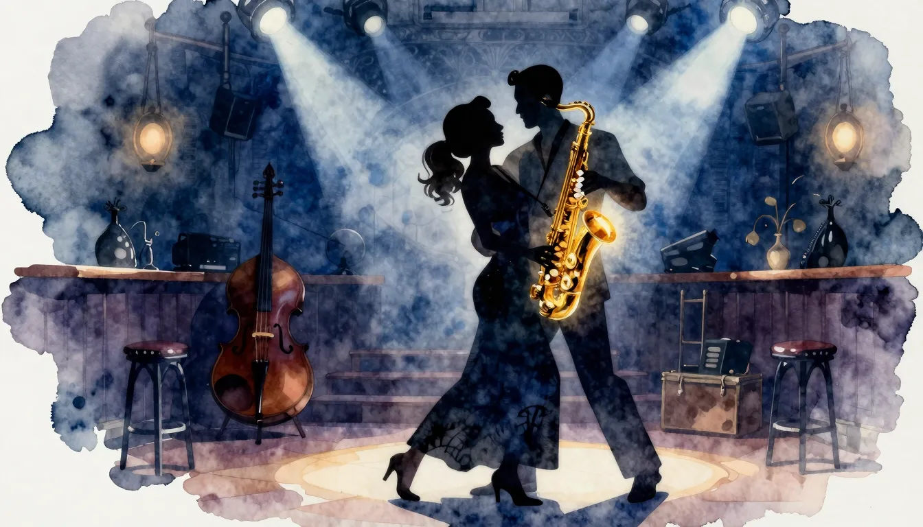 Watercolor style. Silhouettes of a couple dancing in a dimly...