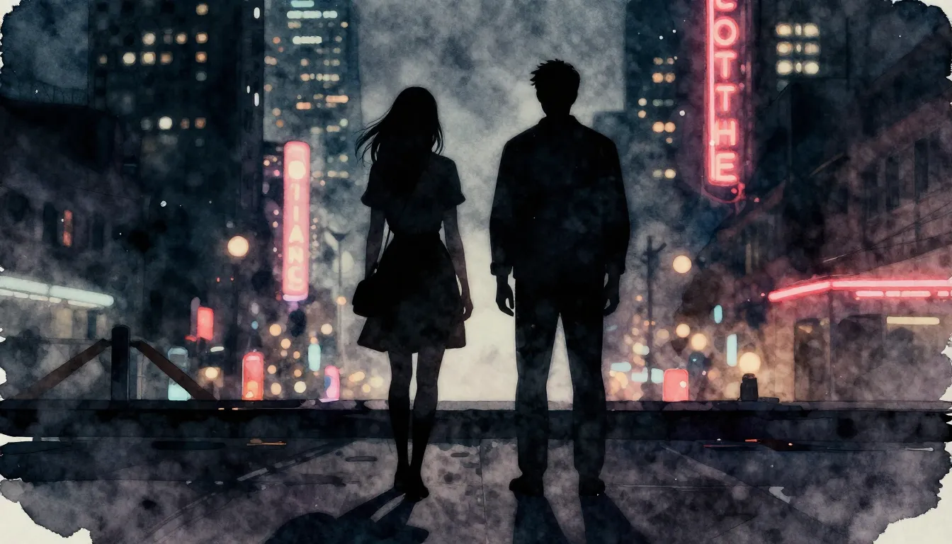 Watercolor style. Cinematic silhouette of a man and a woman ...