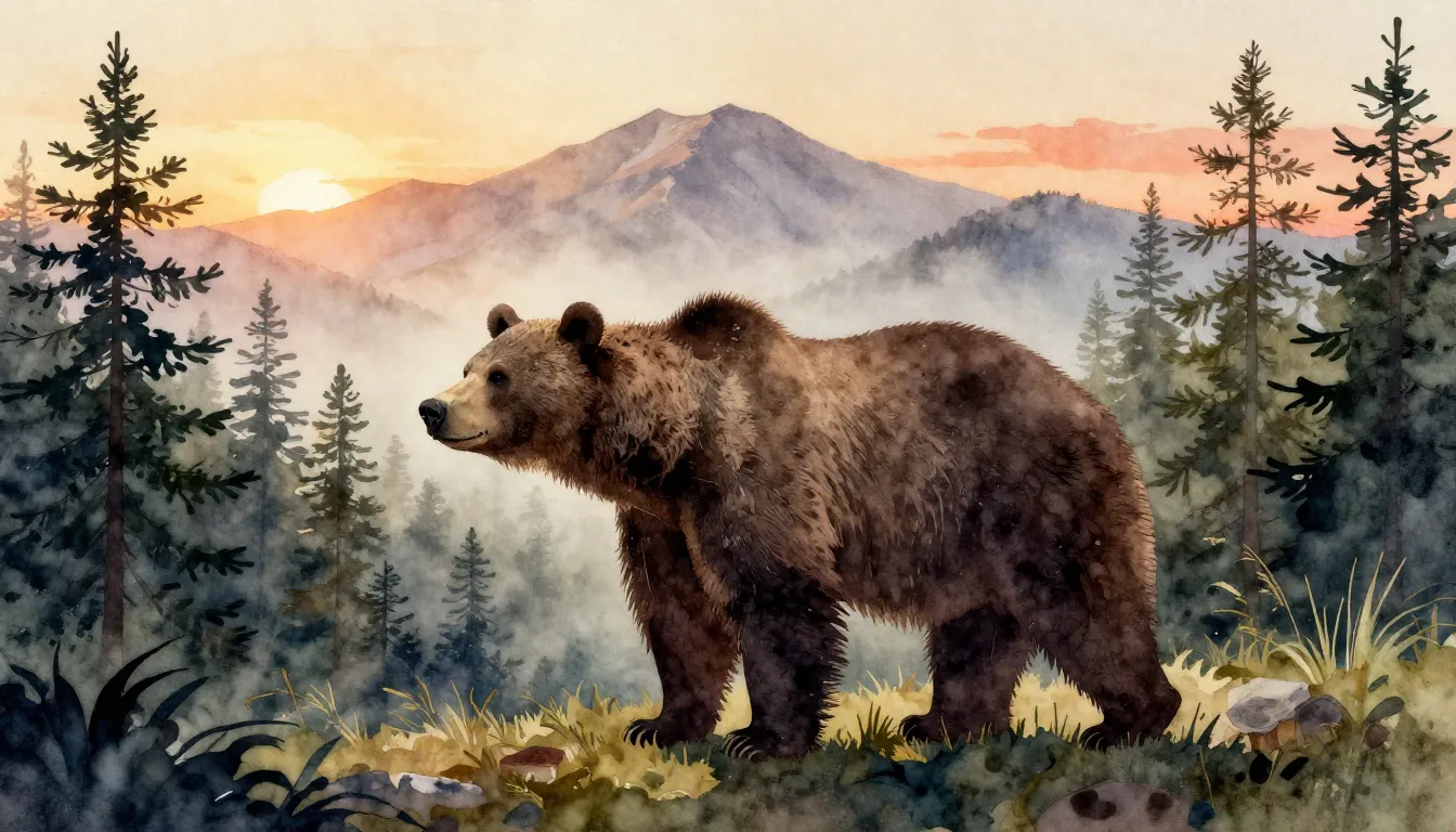 Watercolor style. Majestic bear silhouette in a dense pine f...