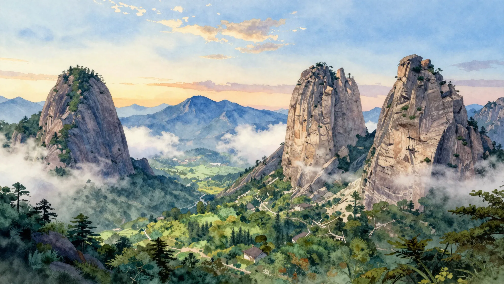 Watercolor style. Panoramic view of three massive stone peak...
