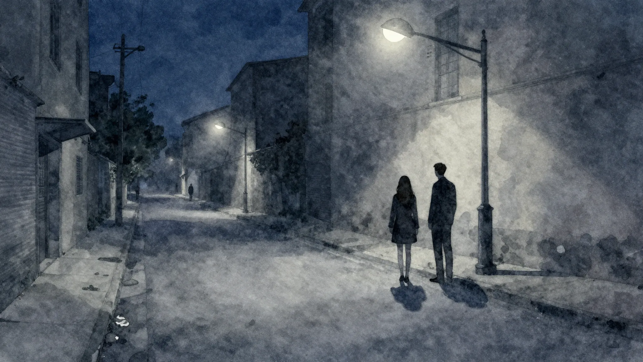 Watercolor style. A silhouette of a man and a woman standing...