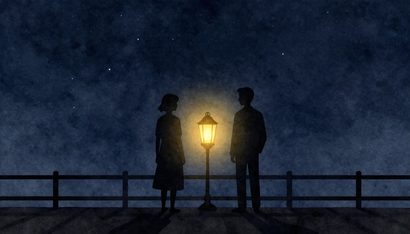 Watercolor style. Two dark silhouettes standing on a bridge ...