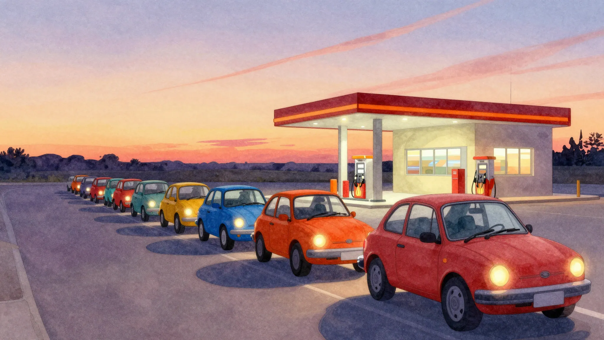 Watercolor style. A long queue of stylized, cartoonish cars ...