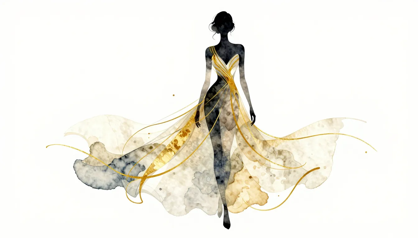 Watercolor style. Silhouette of an elegant woman in a flowin...