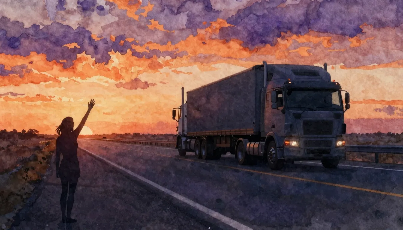 Watercolor style. A silhouette of a powerful truck on a long...