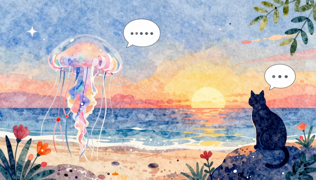 Vibrant watercolor style. Rock album cover: jellyfish, beach...