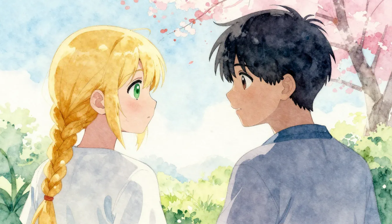 Vibrant watercolor style. Pop song cover. A shy high school ...