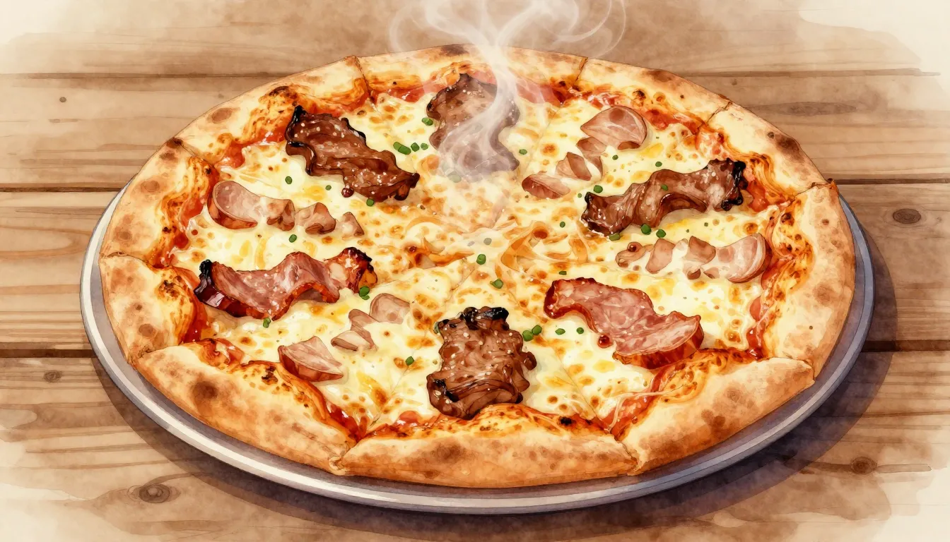 Watercolor style. A delicious hot pizza with various types o...