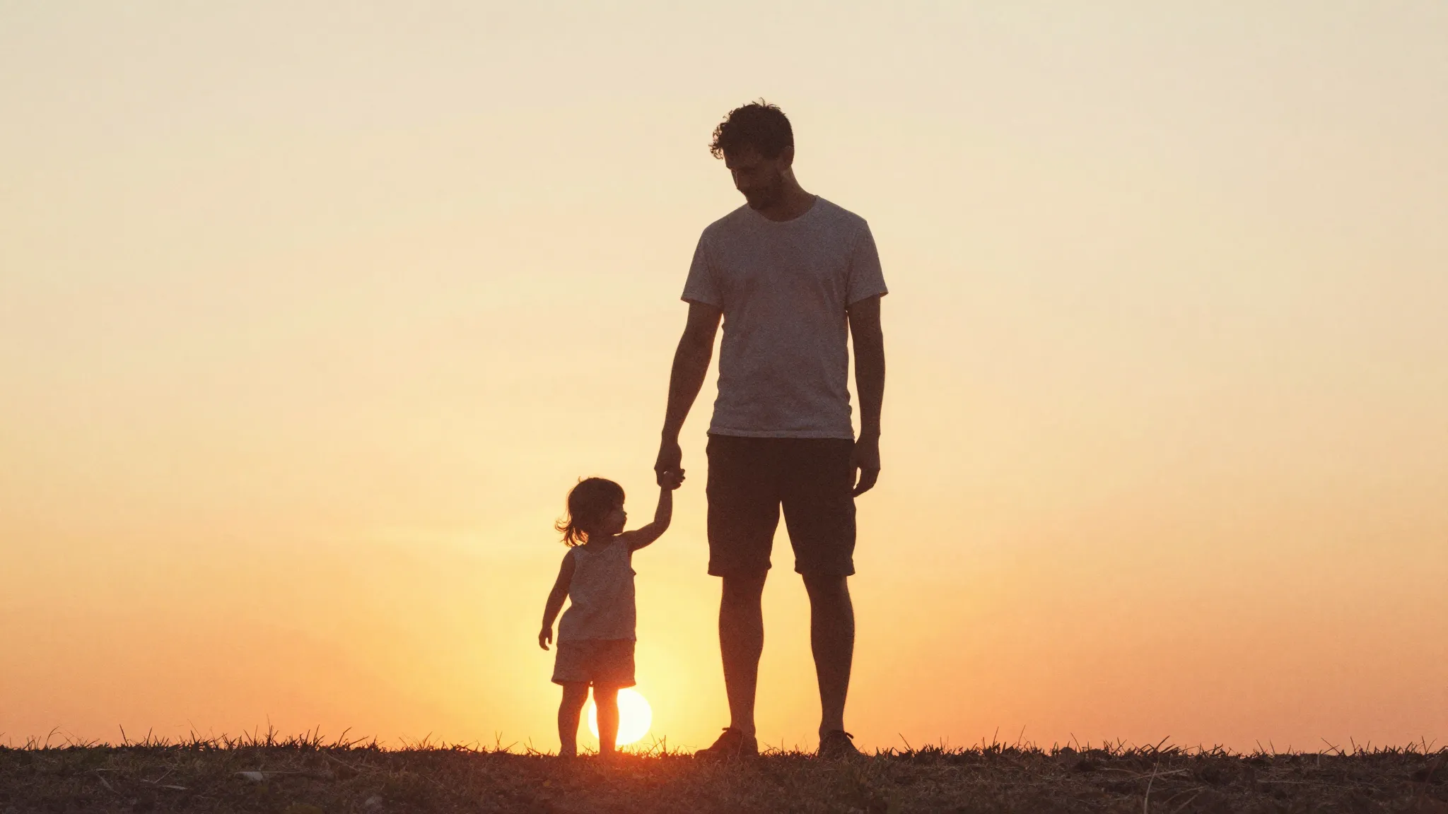 Watercolor style. A silhouette of a tall man holding a small...