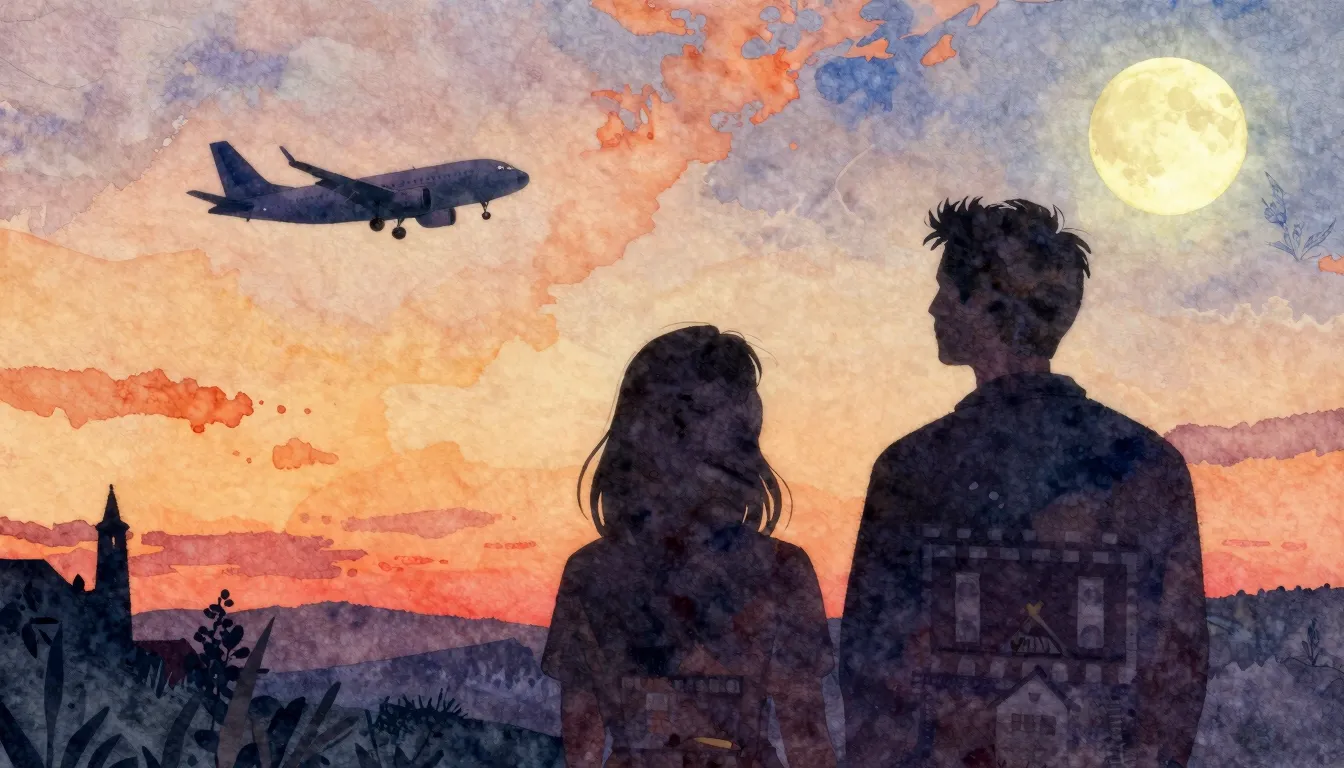 Vibrant watercolor style. Folk song cover art: two silhouett...