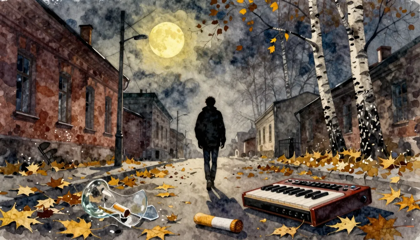 Vibrant watercolor style. Hip-hop album cover. Dark, melanch...