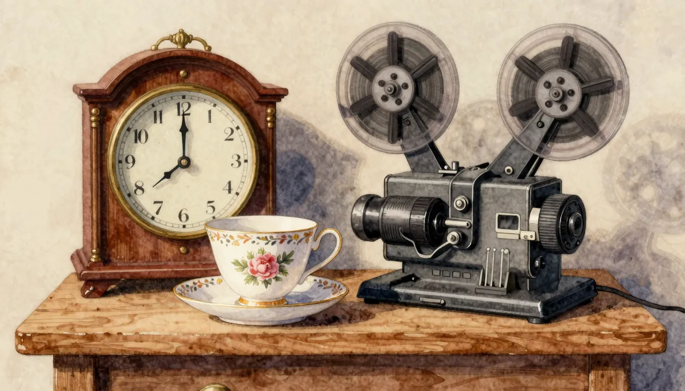 Watercolor style. A beautiful still life of vintage objects,...