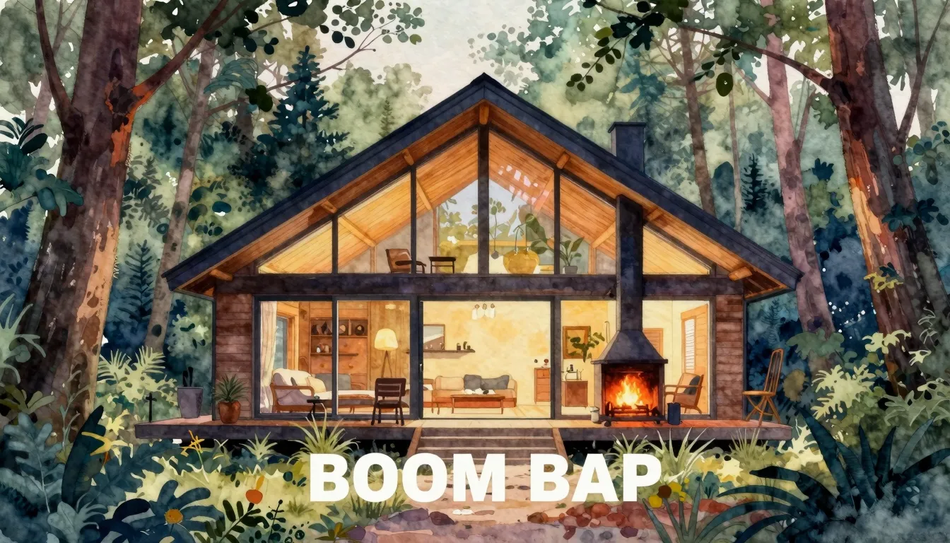 Vibrant watercolor style. Boom Bap rap album cover: serene f...