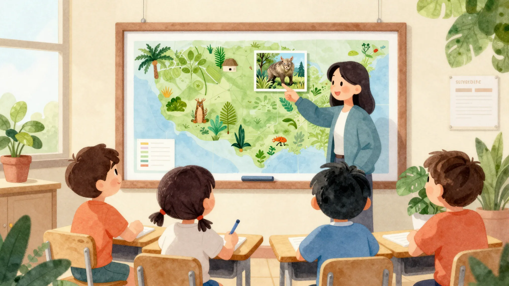 Watercolor style. A bright classroom with kids looking at a ...