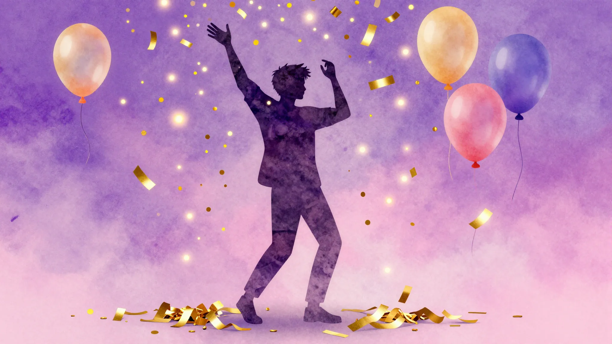 Watercolor style. A silhouette of a person dancing under a s...