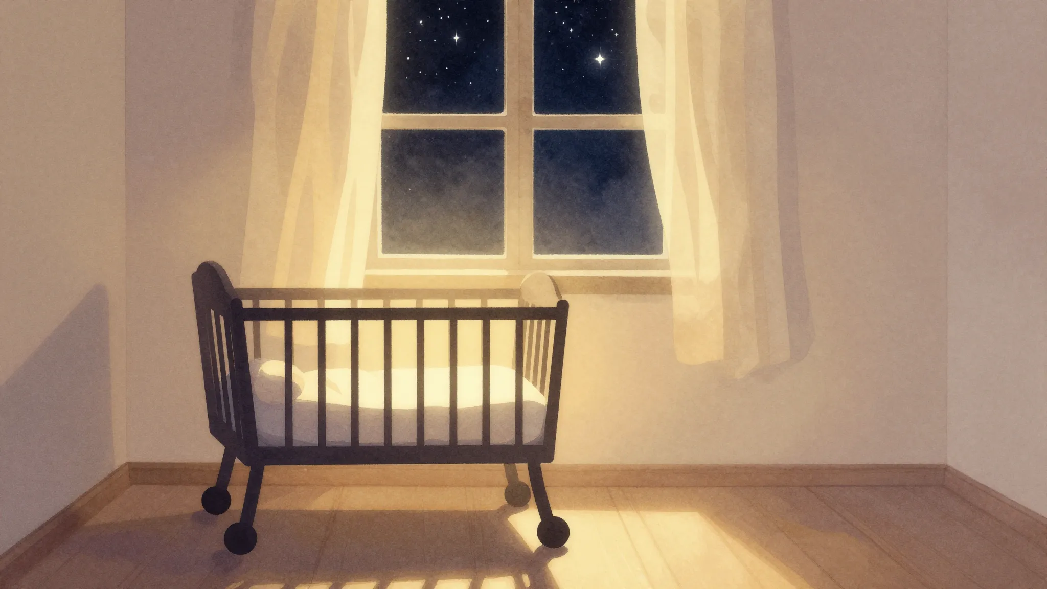 Watercolor style. A silhouette of a small cradle in a cozy r...