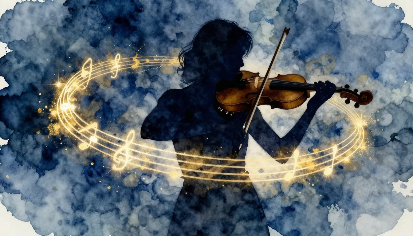 Watercolor style. A silhouette of a person playing a violin,...