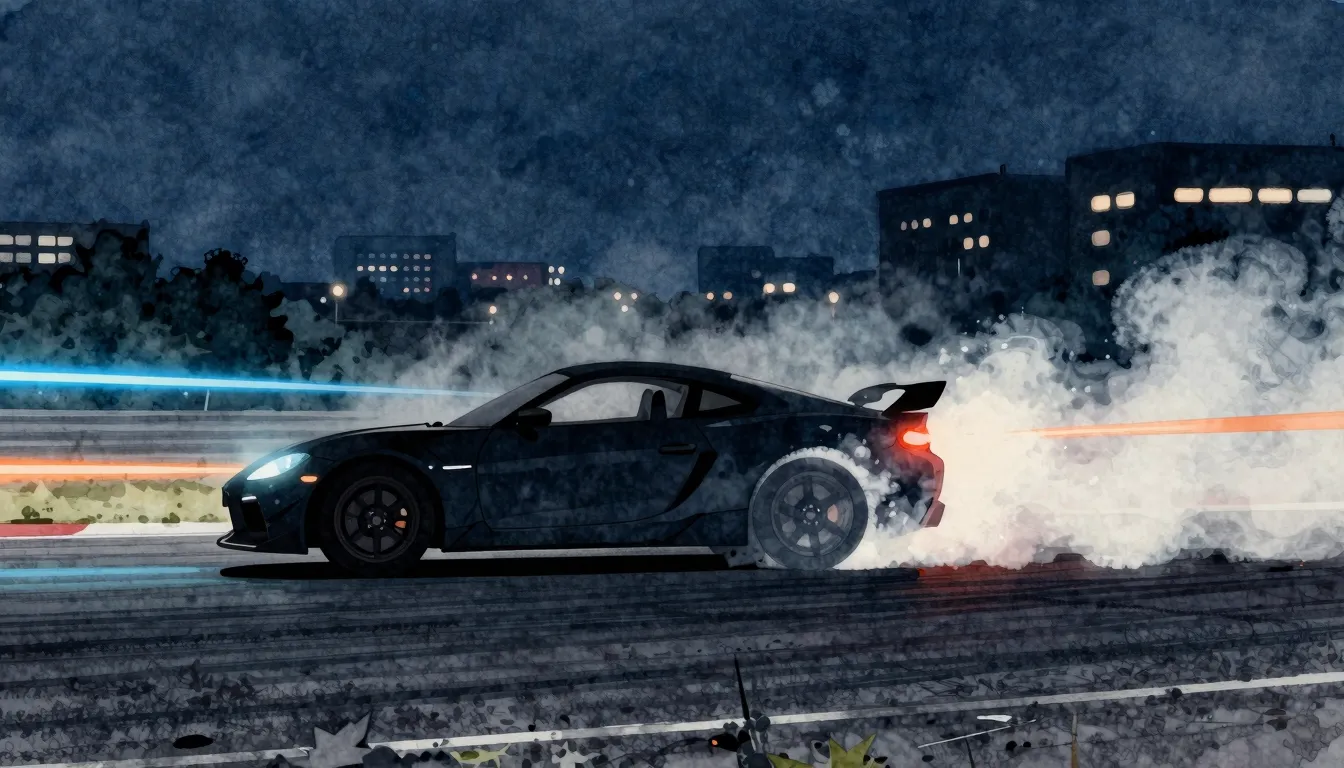 Watercolor style. Silhouette of a sports car drifting on a d...