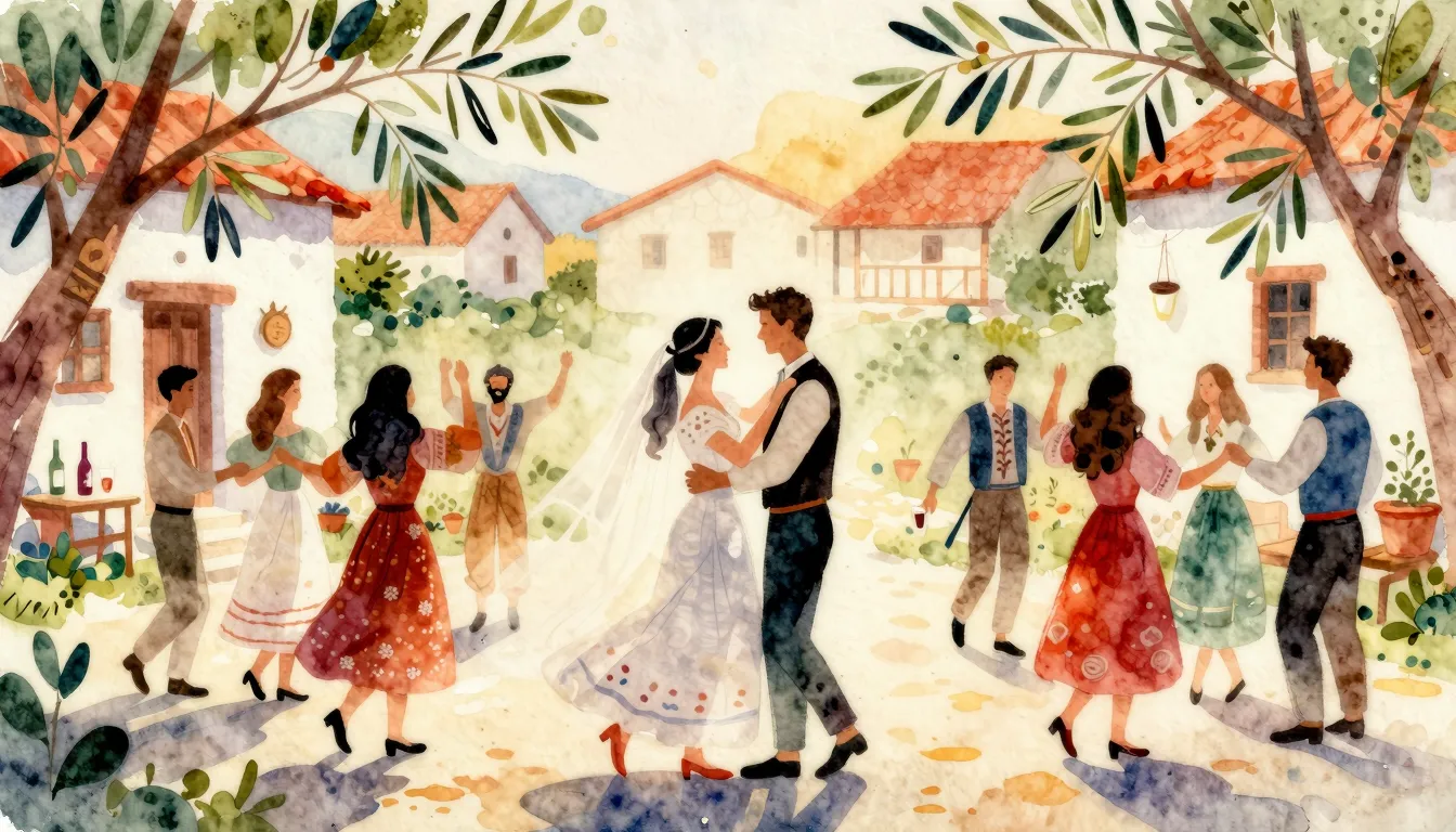 Vibrant watercolor style. Folk song cover art: wedding celeb...