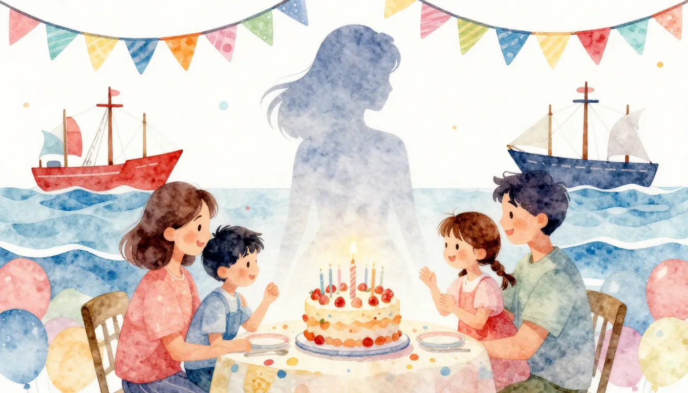 Vibrant watercolor style. Birthday celebration, family warmt...