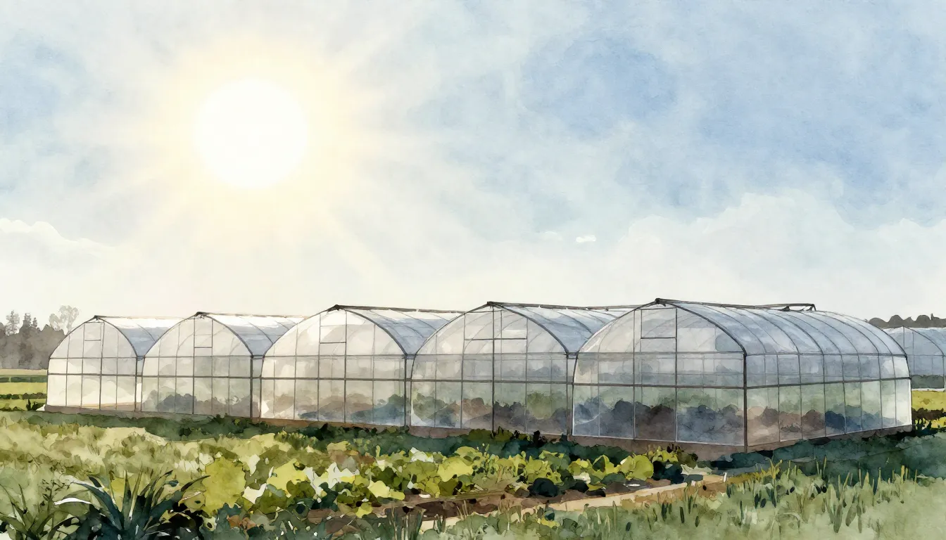 Watercolor style. Silhouette of long plastic greenhouses in ...