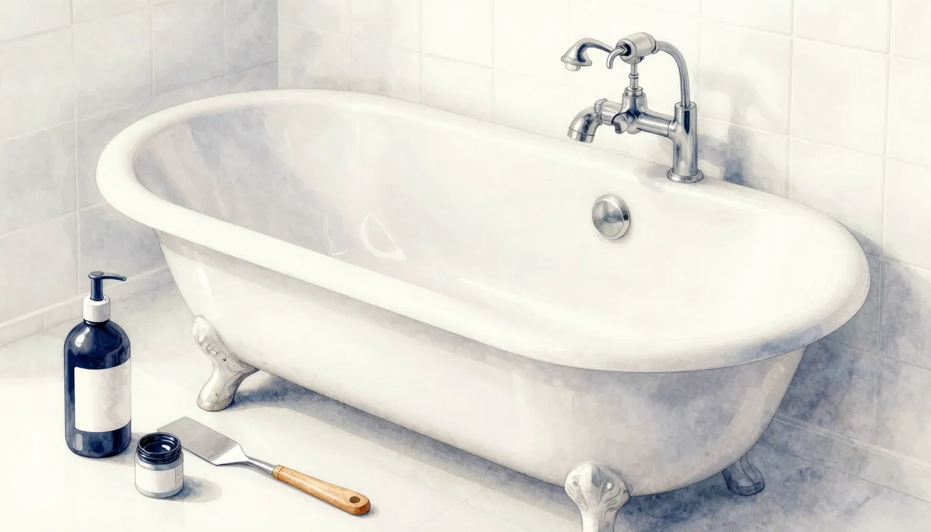 Watercolor style. A shiny, newly restored white bathtub with...