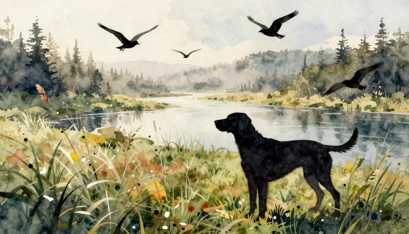 Watercolor style. Silhouette of a hunting dog in a field of ...