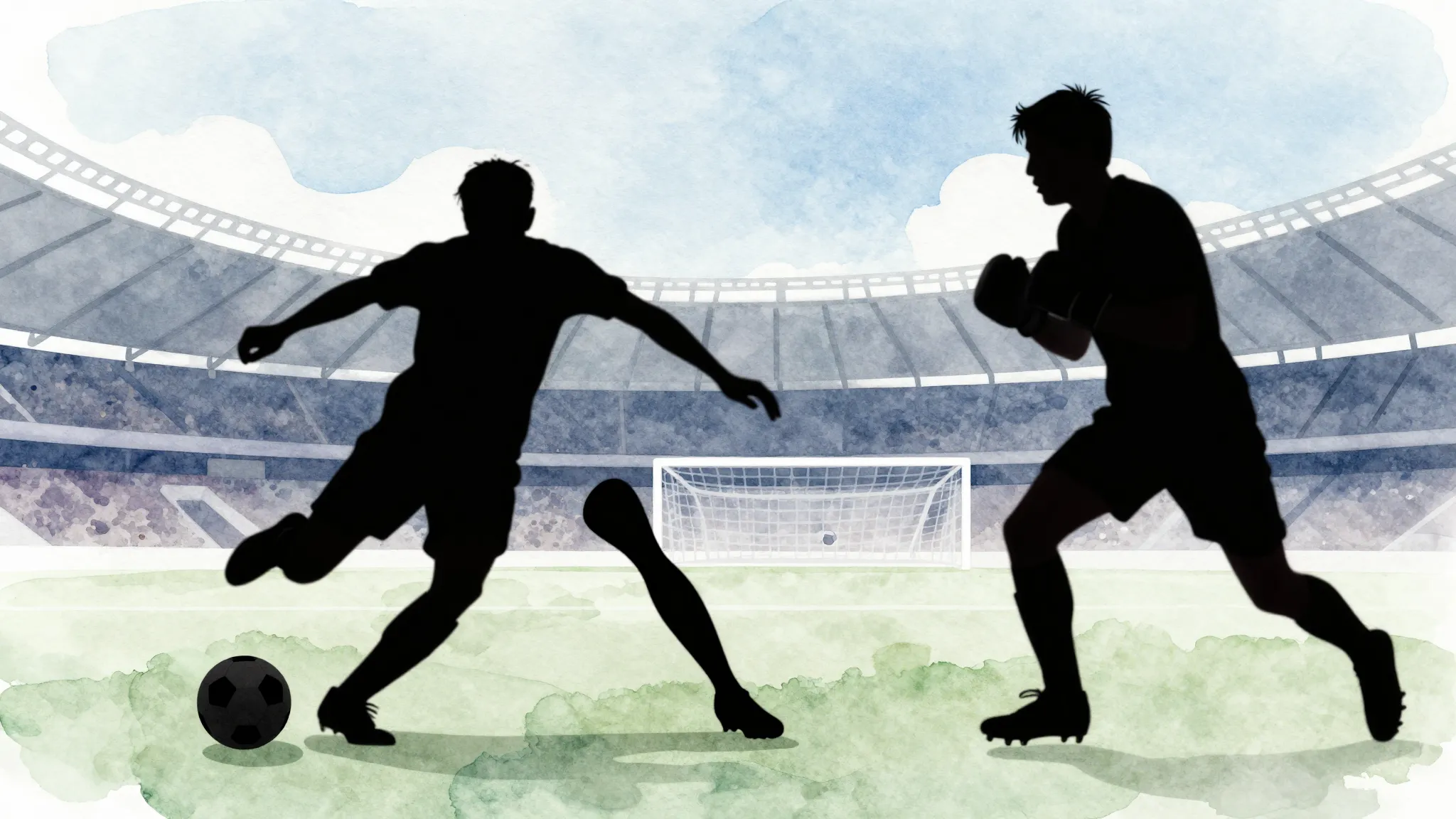 Watercolor style. Silhouettes of two athletes, one playing s...