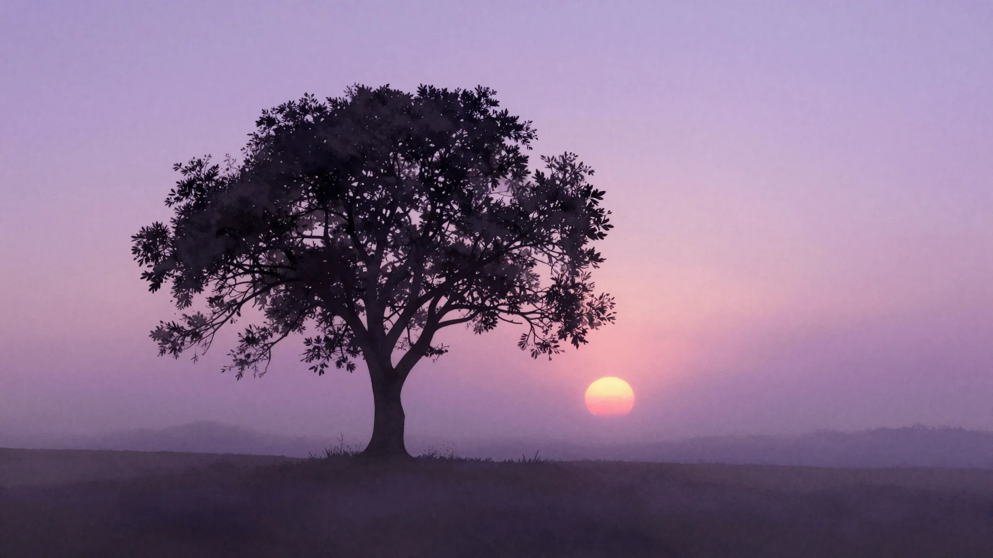 Watercolor style. A dark silhouette of a lonely tree against...
