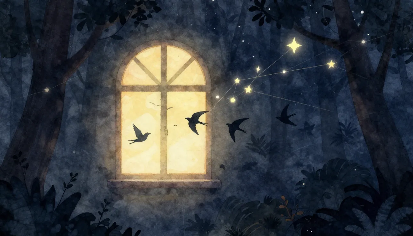 Watercolor style. A warm glowing window in a dark forest, si...