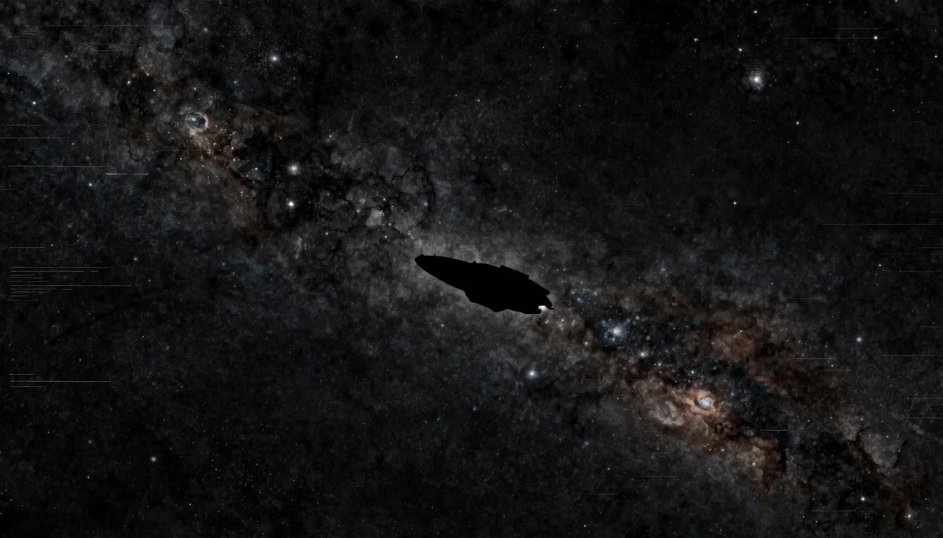 Watercolor style. A lone silhouette of a spaceship drifting ...