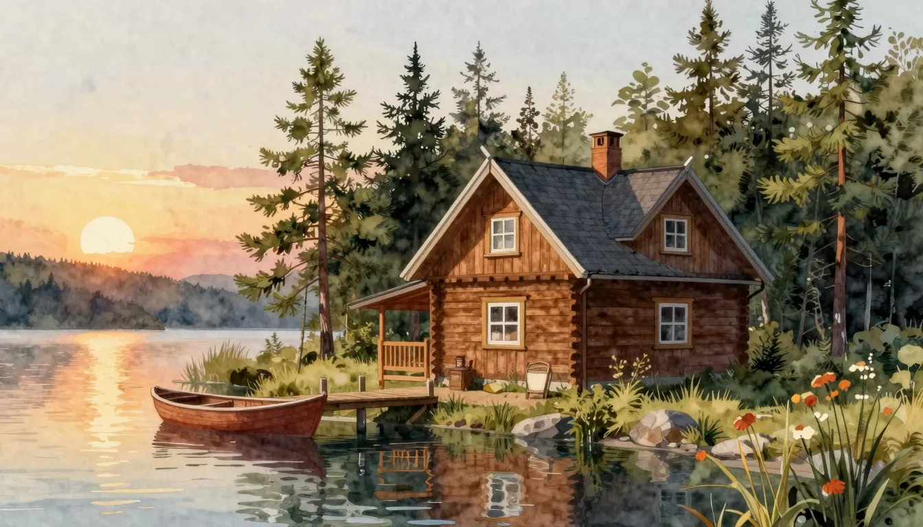 Watercolor style. A cozy wooden house by a serene lake surro...