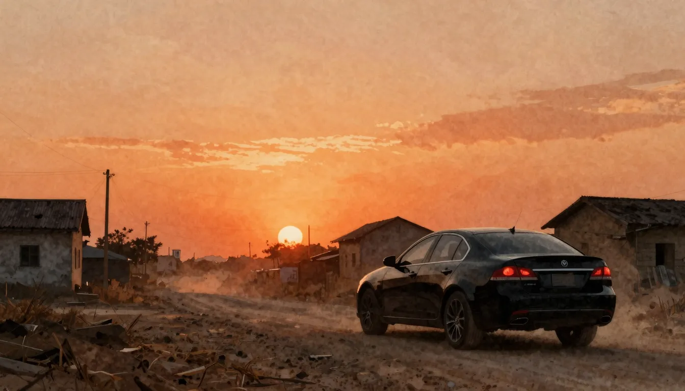 Watercolor style. Silhouette of a sedan car on a dusty villa...