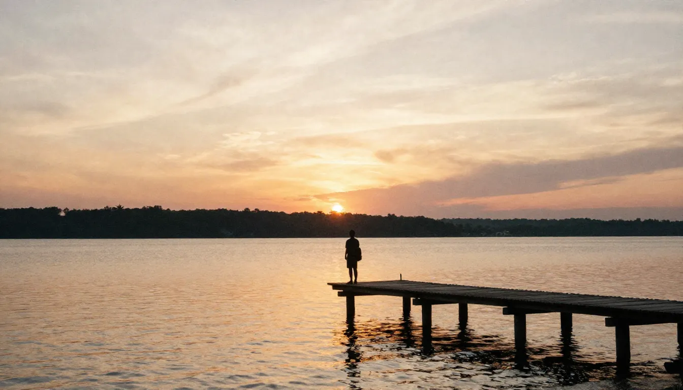 Watercolor style. A peaceful sunset over a calm lake, a sing...