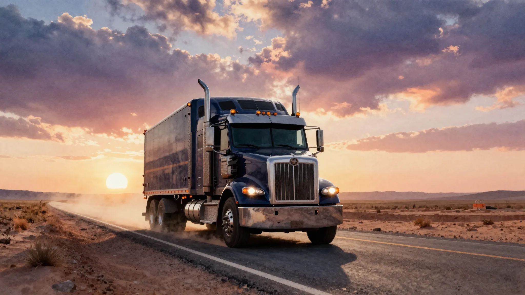 Watercolor style. A silhouette of a big rig truck driving on...