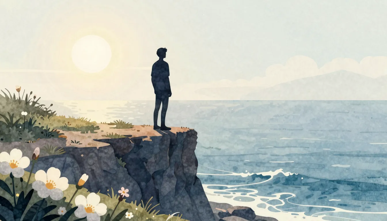 Watercolor style. Silhouette of a figure standing on a cliff...