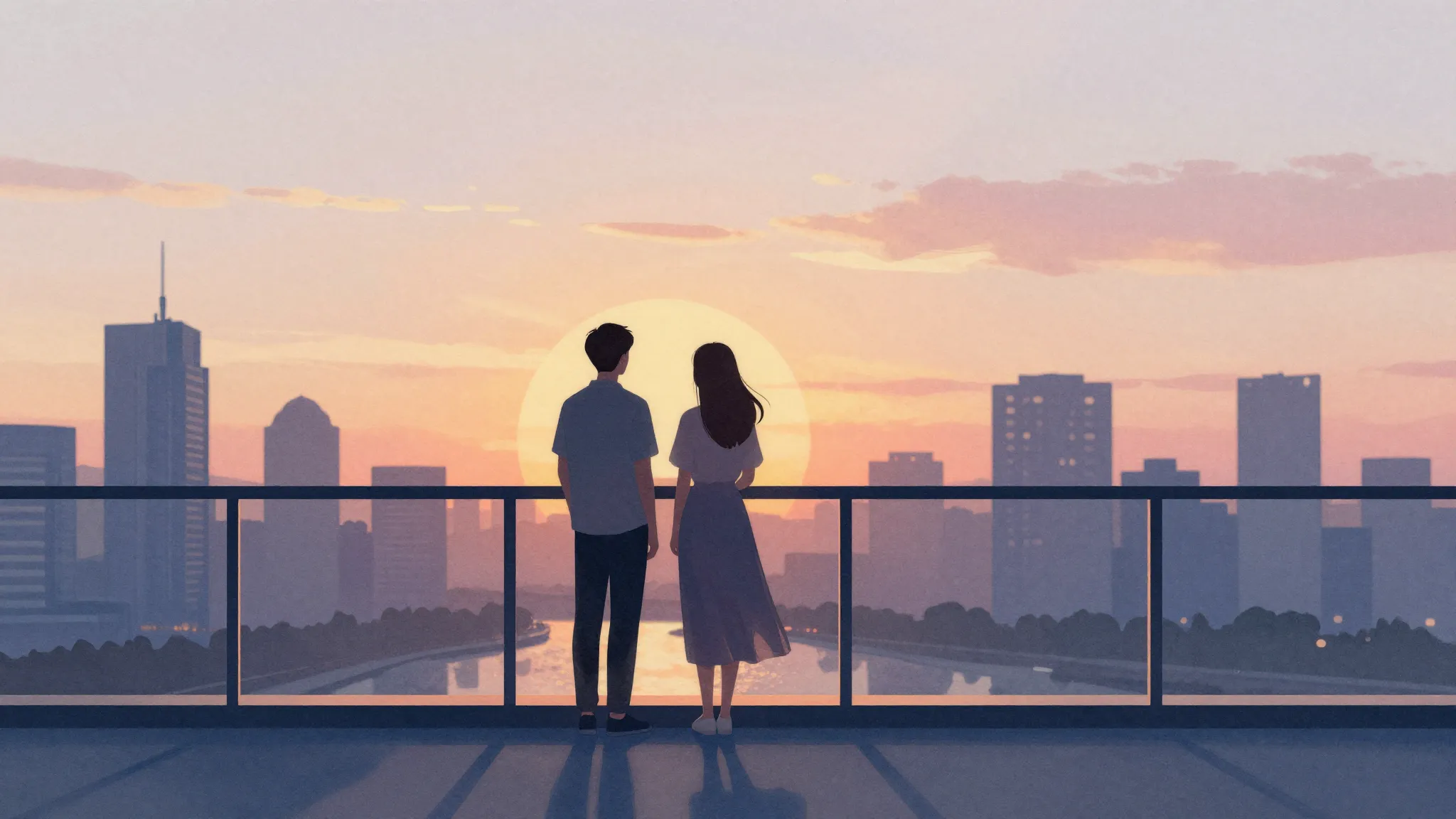 Watercolor style. Silhouettes of a couple standing on a balc...