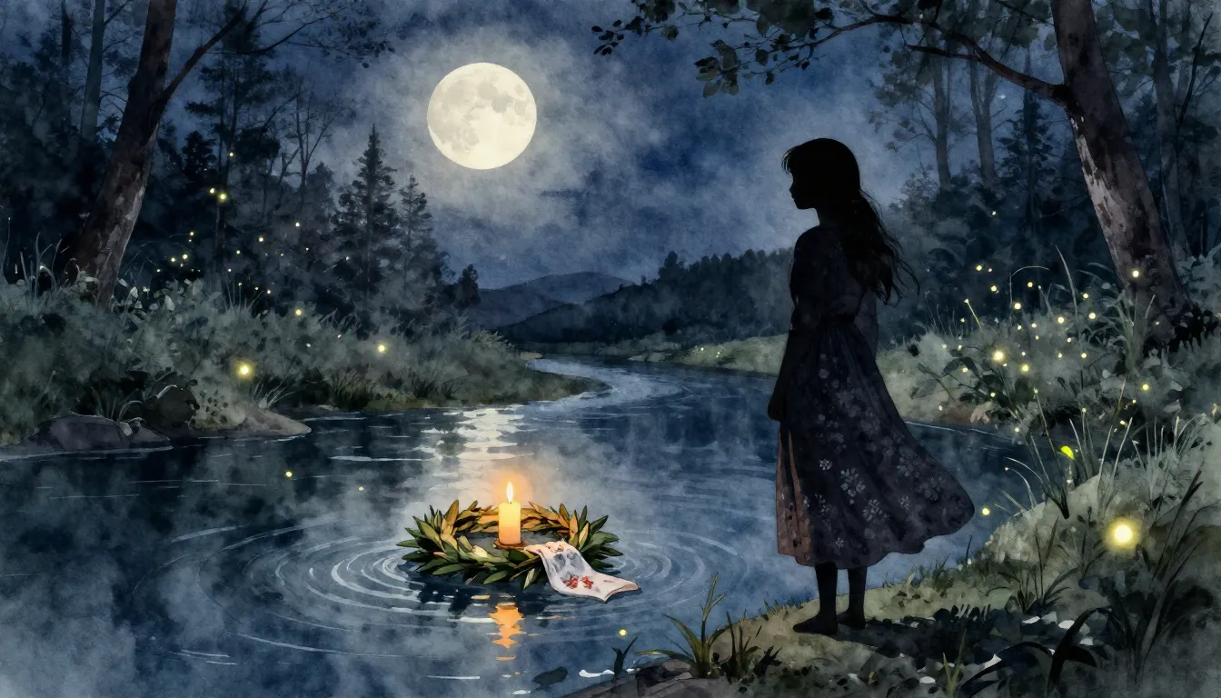 Watercolor style. Silhouette of a girl by a river at night, ...