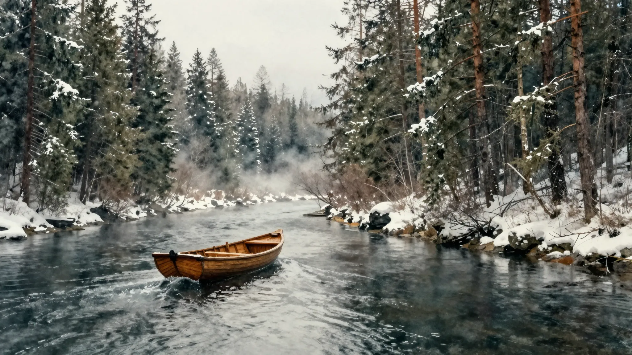 Watercolor style. A wooden boat navigating a winding river t...