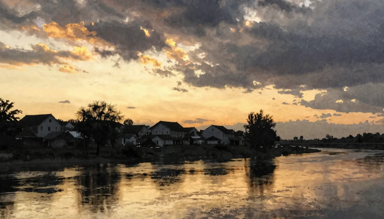 Watercolor style. Dark silhouettes of a village on a river b...