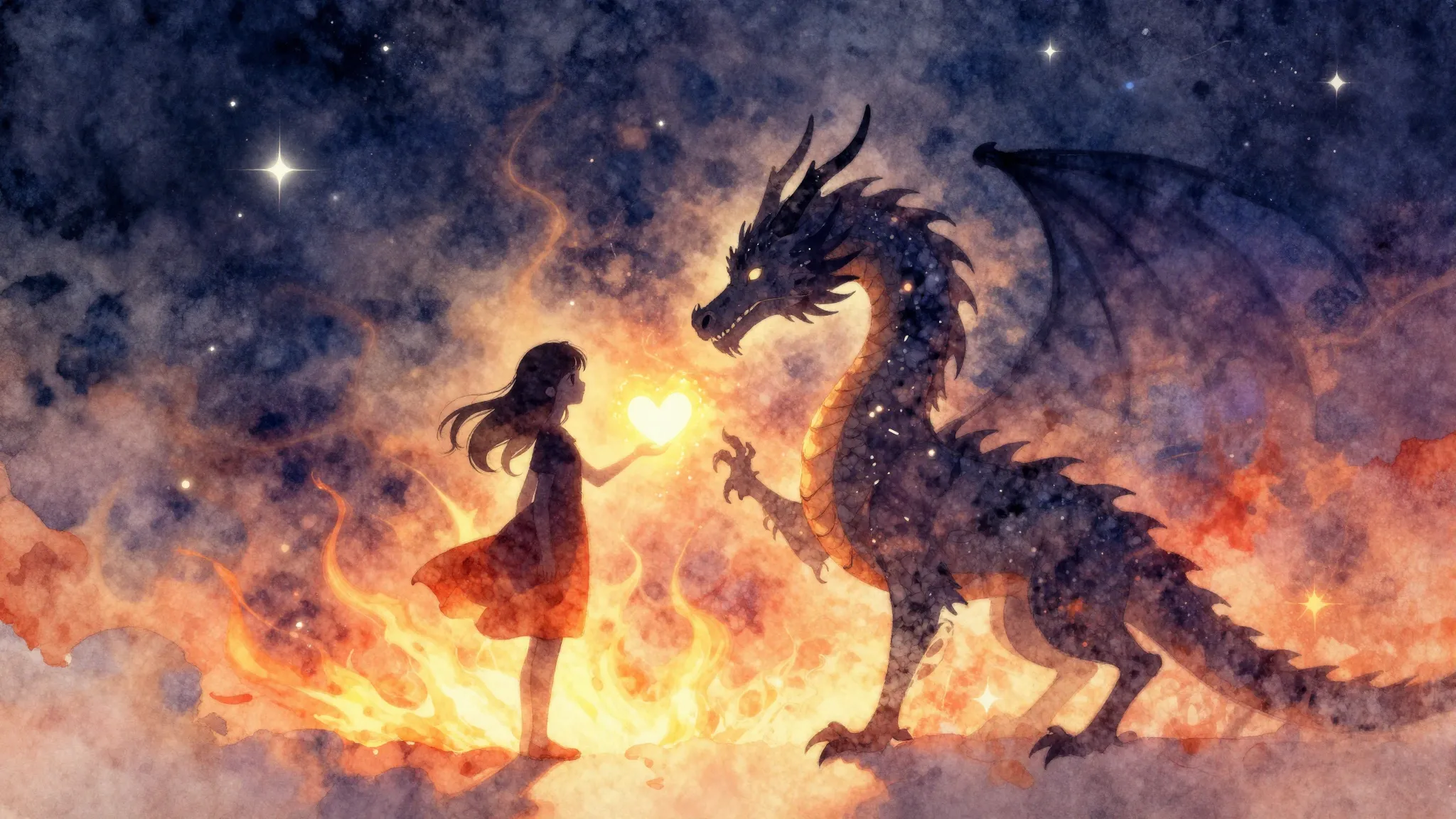 Watercolor style. A silhouette of a girl and a dragon facing...