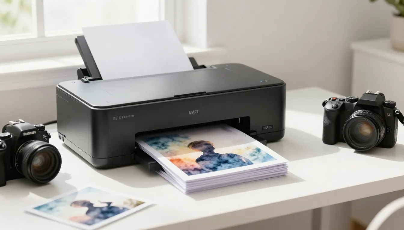 Watercolor style. A bright workspace with a professional pho...