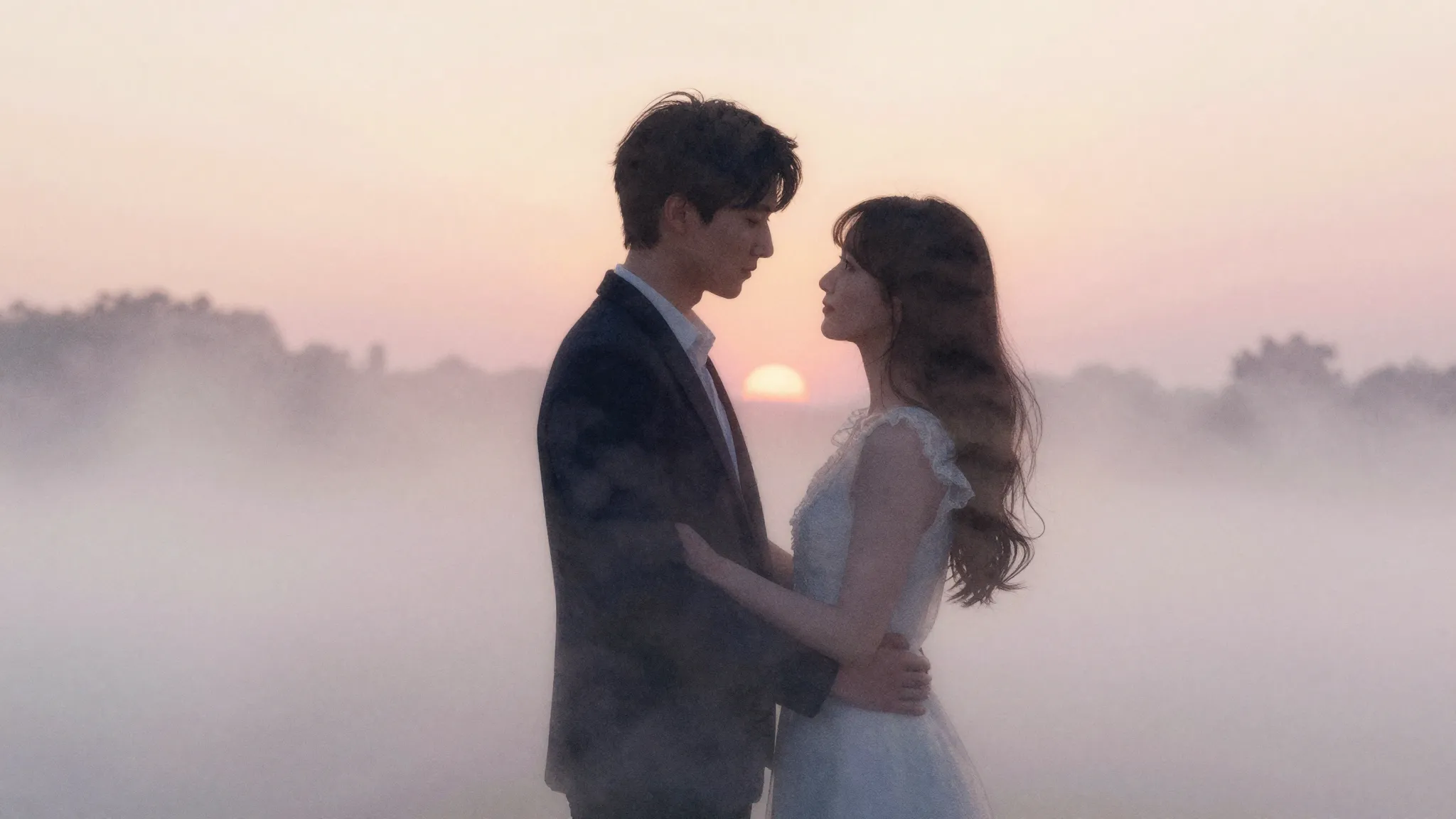 Watercolor style. A silhouette of a couple at dawn, a gentle...