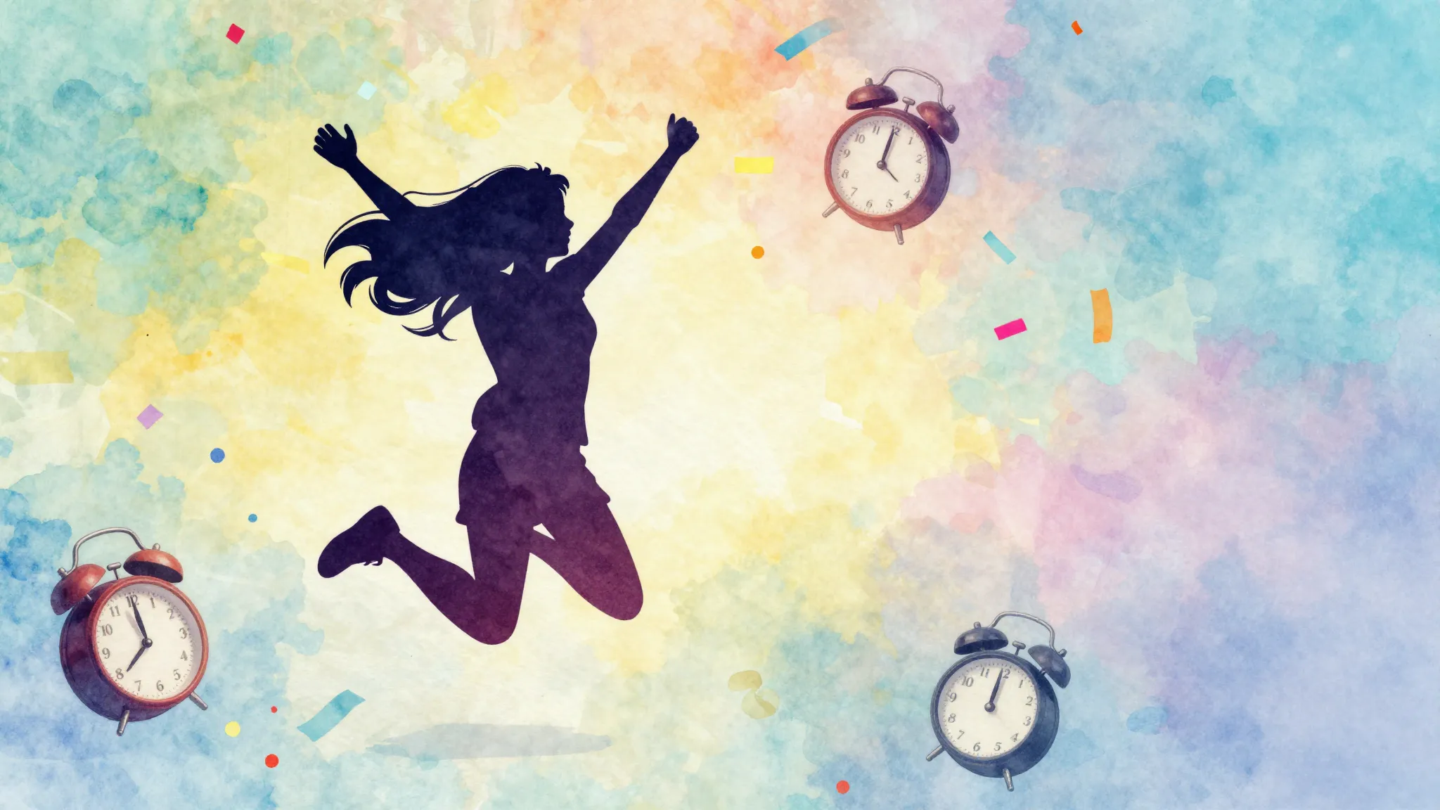 Watercolor style. A stylized silhouette of a joyful girl jum...