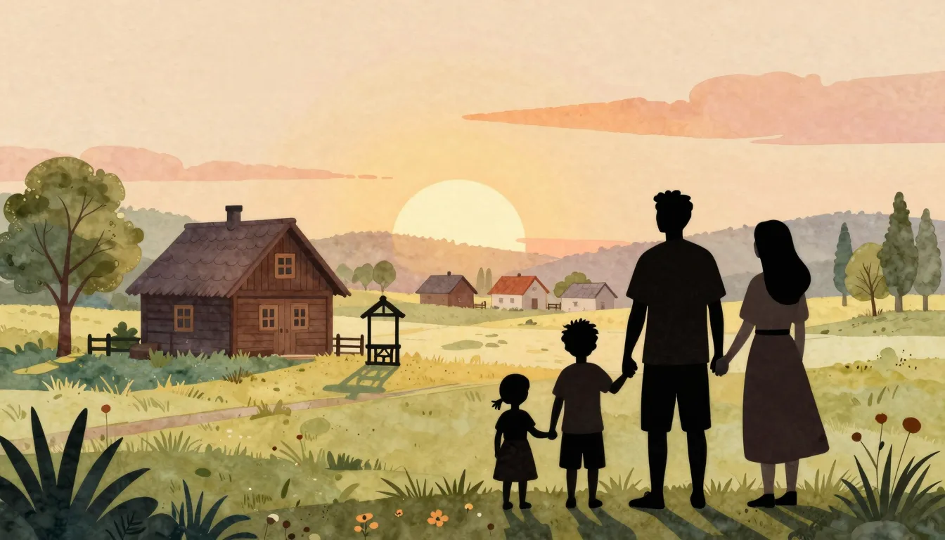 Watercolor style. Silhouette of a family looking at a distan...