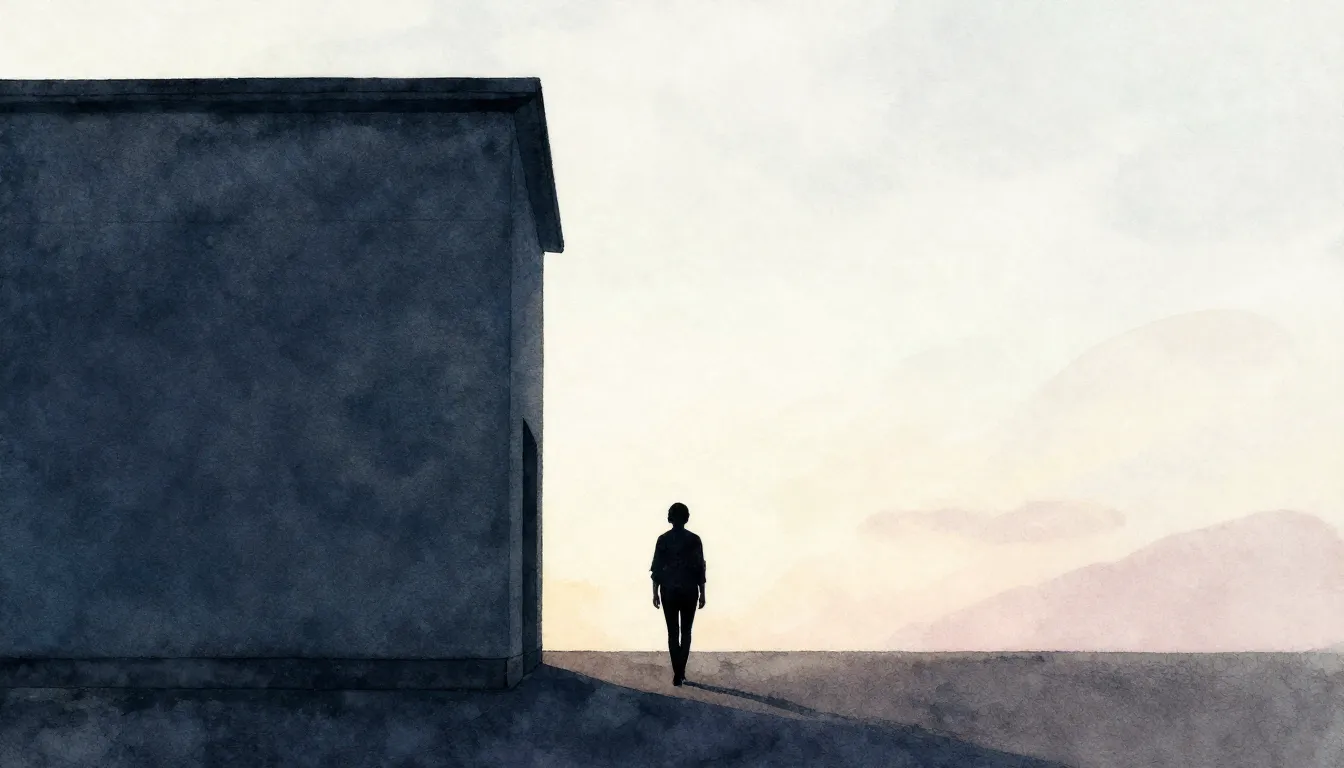 Watercolor style. A silhouette of a person walking away from...