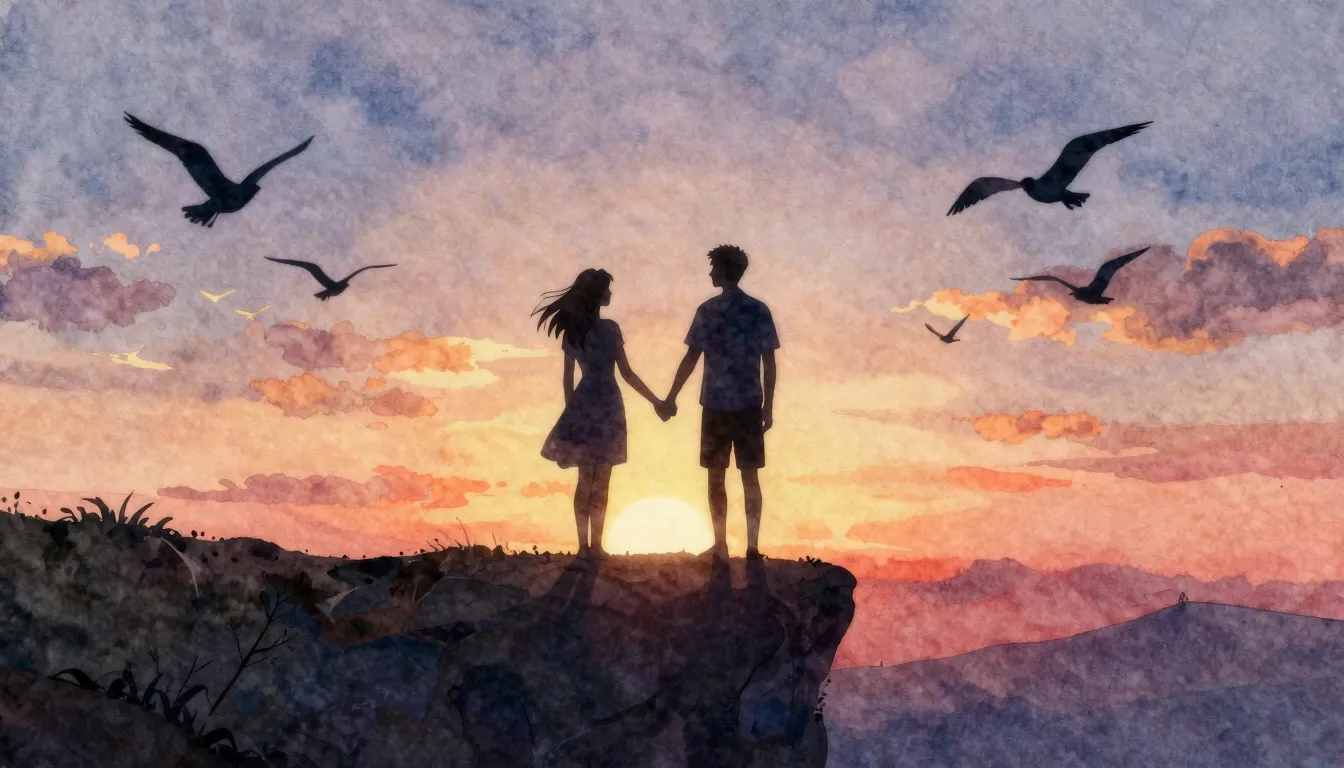 Watercolor style. Silhouette of 2 lovers holding hands again...